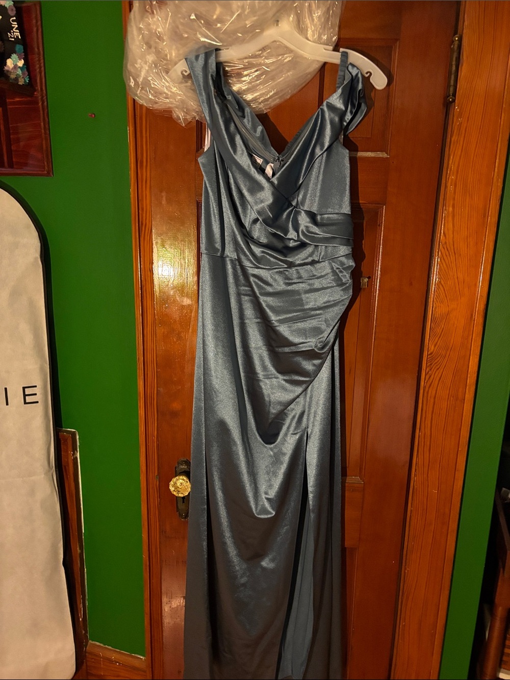 Satin Draped Maxi Dress in Slate Blue